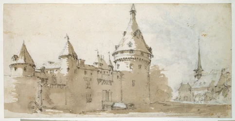 Een kasteel met torens en een kerk