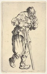 Bebaarde man, gekleed in lompen, die met één hand zijn hoofd vasthoudt en met de andere een wandelstok, uit "De bedelaars" (Les Gueux)