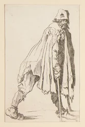 Bedelaar met een pet, op krukken, uit De Bedelaars