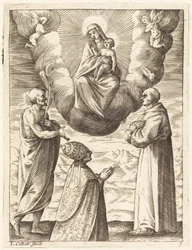 Bonifatius VIII met Heiligen Franciscus en Crispinus die de Maagd en het Kind Aanbidden