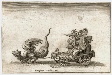 Strijd tegen de barrière: Een strijdwagen getrokken door een draak ... (gravure)