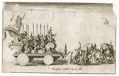 Strijd tegen de barrière: Intocht van Zijne Hoogheid Hertog Karel IV, voorstellende de zon ... (gravure)