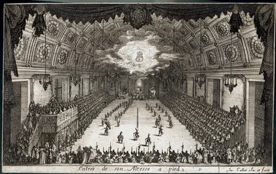 Gevecht bij de barrière: Intocht te voet van Zijne Hoogheid Hertog Karel IV van Lotharingen ... (gravure)