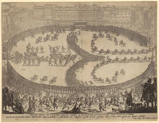 Aankomst van de wagens en parade van de infanterie en cavalerie op de Piazza Santa Croce in Florence ter ere van de prins van Urbino, blad 6 uit de serie „Oorlog van de Schoonheid“