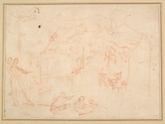 Figurenstudies (recto); Een toneelset (verso)