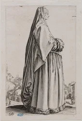 De adel, de dame met een grote sluier en een met bont afgewerkte jurk. Vijfde nummer van een reeks van 12 prenten (Lieure 553, Meaume 679)