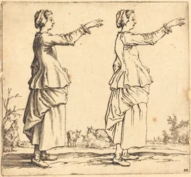 Boerin, in profiel, naar rechts, met uitgestrekte arm