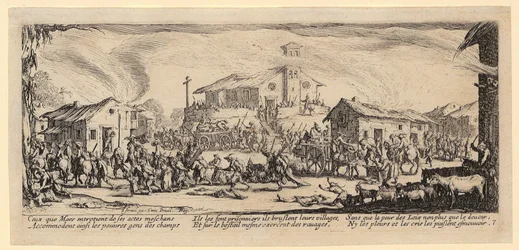 Plundering en platbranden van een dorp, plaat 7 uit de reeks “De verschrikkingen van de oorlog”