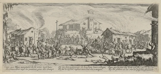 Plundering en platbranden van een dorp, blad 7 uit de serie "Ellenden van de oorlog"
