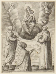 Paus Bonifatius VIII met Sint Franciscus en Sint Crispinus die de Maagd en het Kind Jezus aanbidden
