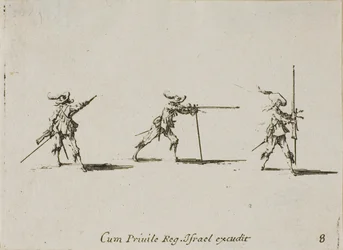Het innemen van de vuurbereidheid met het musket, plaat acht uit De Militaire Oefeningen