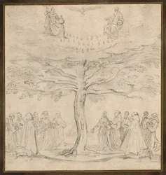 De Heilige Drie-eenheid in de boom des levens aanbeden door Franciscanen