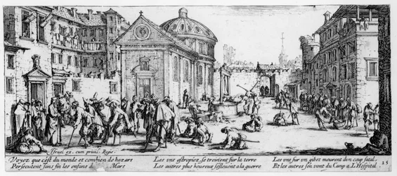 Het ziekenhuis, plaat 15 uit De ellende en tegenslagen van de oorlog, gegraveerd door Israël Henriet (ca. 1590-1661) 1633