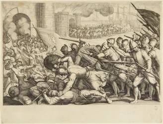 Troepen die de poort van een stad forceren