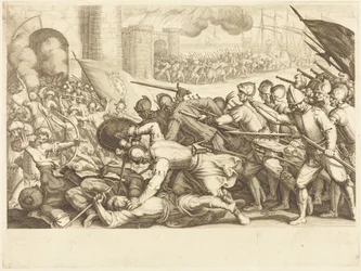 Troepen die de poort van een stad forceren