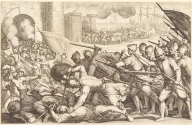 De troepen forceren de poort van een stad