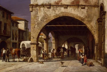 Een stadstafereel met een hoefsmid