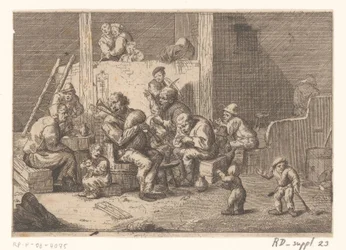 Interieur met doedelzak- en vioolspeler en twee zangers