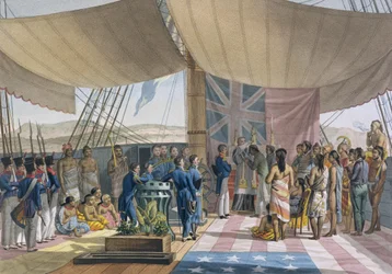 De Sandwich-eilanden: De doop van de eerste minister van de koning aan boord van de Uranie, uit Voyage Autour du Monde sur les Corvettes de l