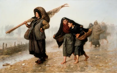 De schelpenverzamelaars. Boerinnen, blootsvoets of op klompen, keren huiswaarts met hun manden vol schelpen en beschermen zichzelf tegen de regen. Schilderij van Jacques Eugene Feyen (1815-1908). Olieverf op doek. Privécollectie.
