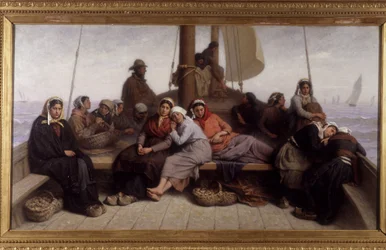Oestervisserij op het dek van een boot - Schilderij door Eugene Feyen (1815-1908), n.d.