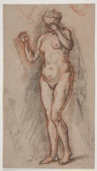 Vrouwelijk modelfiguur met opgeheven armen, de linker voor de ogen