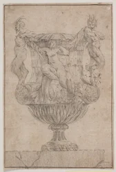 Sierlijke vaas met Pan, faun en nimf. Kopie naar Pl. 14 in de suite van de in 1746 door Saly getekende vazen. "Vasa a se inventa..."