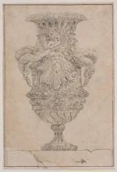 Sierlijke vaas met groot hoofd, zeegod en waternimf. Kopie naar Pl. 26 in de suite van de in 1746 door Saly getekende vazen. "Vasa a se inventa..."