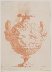Sierlijke vaas met twee hoofden en twee putti. Kopie naar pl. 19 in de suite van de in 1746 door Saly getekende vazen. "Vasa a se inventa..."