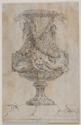 Prydvase met twee hoofden en twee waternimfen. Kopie naar Pl. 20 in de suite van de in 1746 door Saly getekende vazen. "Vasa a se inventa..."