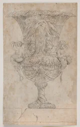 Sierlijke vaas met twee putti (zeemeerminnen?). Kopie naar gravure (pl. 9) in de suite van de in 1746 door Saly getekende vazen. "Vasa a se inventa..."