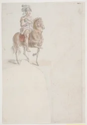 Ruiter in Romeinse kleding met gevederde helm. Ook twee zwakke roodkrijtschetsen van staande en halfknielende mannen.