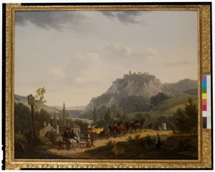 Een groep reizigers in een landschap