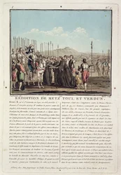 Henri II (1519-59) ontvangt de sleutels van Metz, Toul en Verdun (1552), gegraveerd door Jean Baptiste Morret, 1790