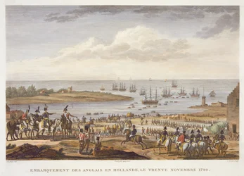 De inscheping van de Engelsen in Holland, 30 november 1799, gegraveerd door Louis Francois Couche (1782-1849)