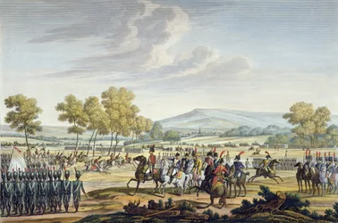 De keizerlijke garde manoeuvreert in aanwezigheid van de twee keizers in Tilsit, 28 juni 1807, gegraveerd door Edme Bovinet