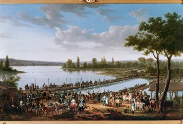 De passage van de Donau door Napoleon voor de slag bij Wagram ... (schilderij op doek)