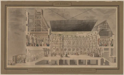 Dwarsdoorsnede van het Hôtel de Ville in perspectief, met de decoratie en verlichting van de binnenplaats en de vertrekken, aangebracht ter gelegenheid van het bal in de nacht van 30 op 31 augustus 1739