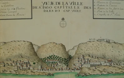 De stad Saint Jago (Santiago) op Kaapverdië, aquarel uit het logboek van Jacques Gouin de Beauchesne