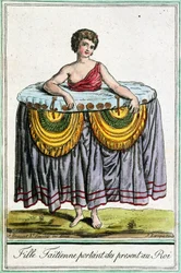 Jonge vrouw biedt geschenken aan de koning, Tahiti, Genootschapseilanden, gravure uit Encyclopedie van reizen, door Jacques Grasset de Saint-Sauveur