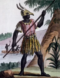 Bar die gebruikt wordt voor besnijdenissen op het eiland Goree, Senegal, kleurengravure naar tekening van Labrousse (actief 1796), uit Encyclopedie van de reizen, door Jacques Grasset de Saint-Sauveur (1757-1810)