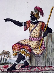 Koning van Loango, kleurgravure naar tekening door Labrousse (actief 1796), uit Encyclopedie van reizen, door Jacques Grasset de Saint-Sauveur (1757-1810)