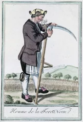 Man van het Zwarte Woud, zijn zeis scherpend voor de oogst - in "Encyclopedie van Reizen" door Grasset St Sauveur, ed. Deroy, Parijs