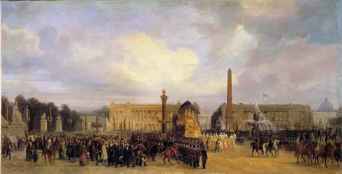 De terugkeer van de as van Napoleon I (1769-1821) in Parijs op 15/12/1840: de stoet kruist de Place de la Concorde