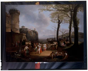 La Tarantelle: Een avond kustlandschap met Napolitaanse boeren die de Tarantella dansen