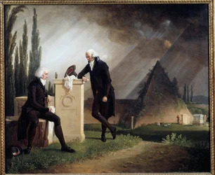 Romeinse elegie of „Dubbelportret op de protestantse begraafplaats van Rome”. Symbolen van de vrijmetselarij zijn afgebeeld. Schilderij van Jacques Sablet (1749-1803), 1791. Brest, Musée des Beaux-Arts.