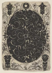 Ovale Kist Versierd met Schweifwerk in Twee Varianten, Omgeven door Kleinere Motieven, ca. 1614-19