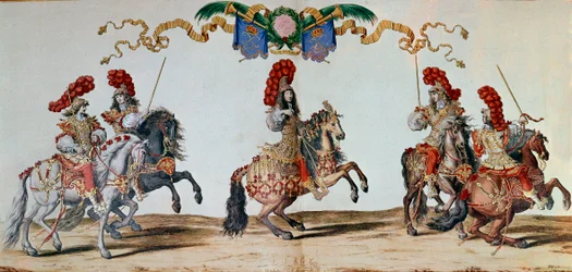 Carrousel van 1662: Koning Lodewijk XIV en de ridders die deelnemen aan de Carrousel van 1662 in Parijs (gravure)