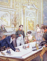 Napoleon (1769-1821) en zijn vrouw Joséphine (1763-1814) bereiden de kroning voor, illustratie uit 