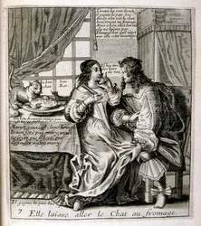 17e eeuwse gegraveerde illustratie uit een verzameling spreekwoorden. Parijs 1657-1663. Door Jacques Lagniet (1620-1675). Franse graveur. Van hem veel maatschappijkritische gravures en spotprenten zoals zijn soms groteske en fantastische illustraties